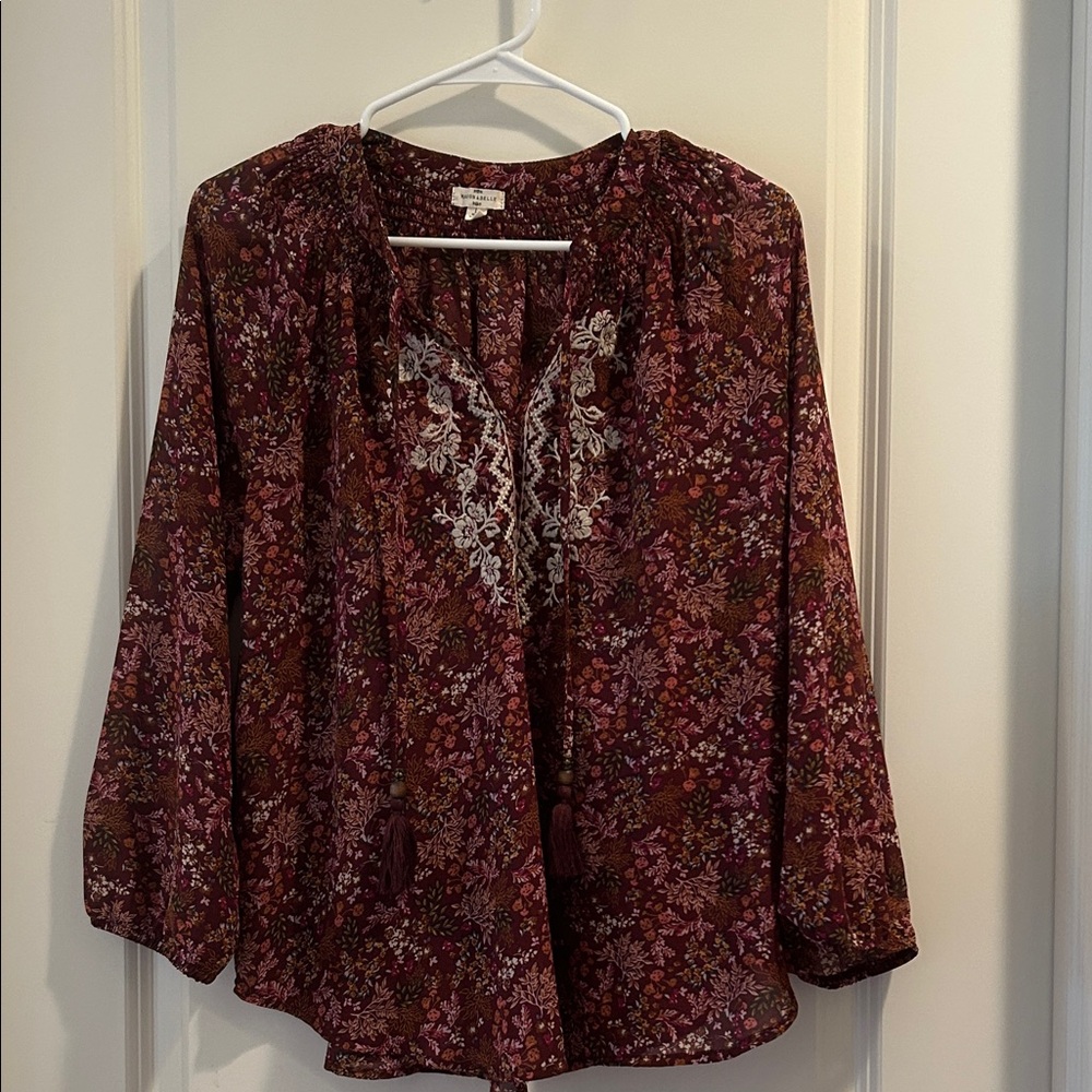 Mason & Belle Floral Embroidered sheer boho tassel tie Top blouse women size L